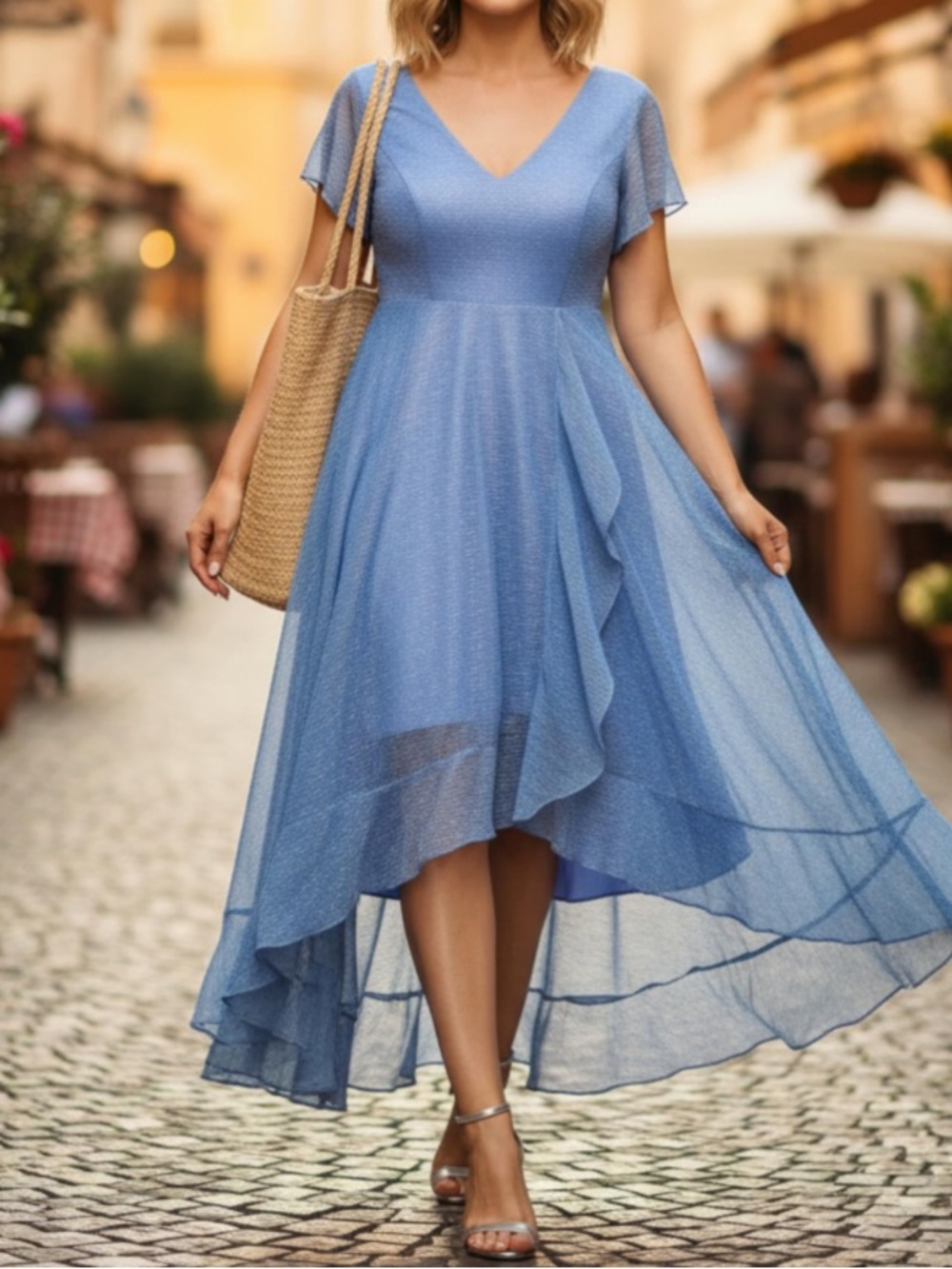 NWT Beckyrebelly Plus Size High-Low Chiffon Cocktail Dress - Slate Blue L (14)